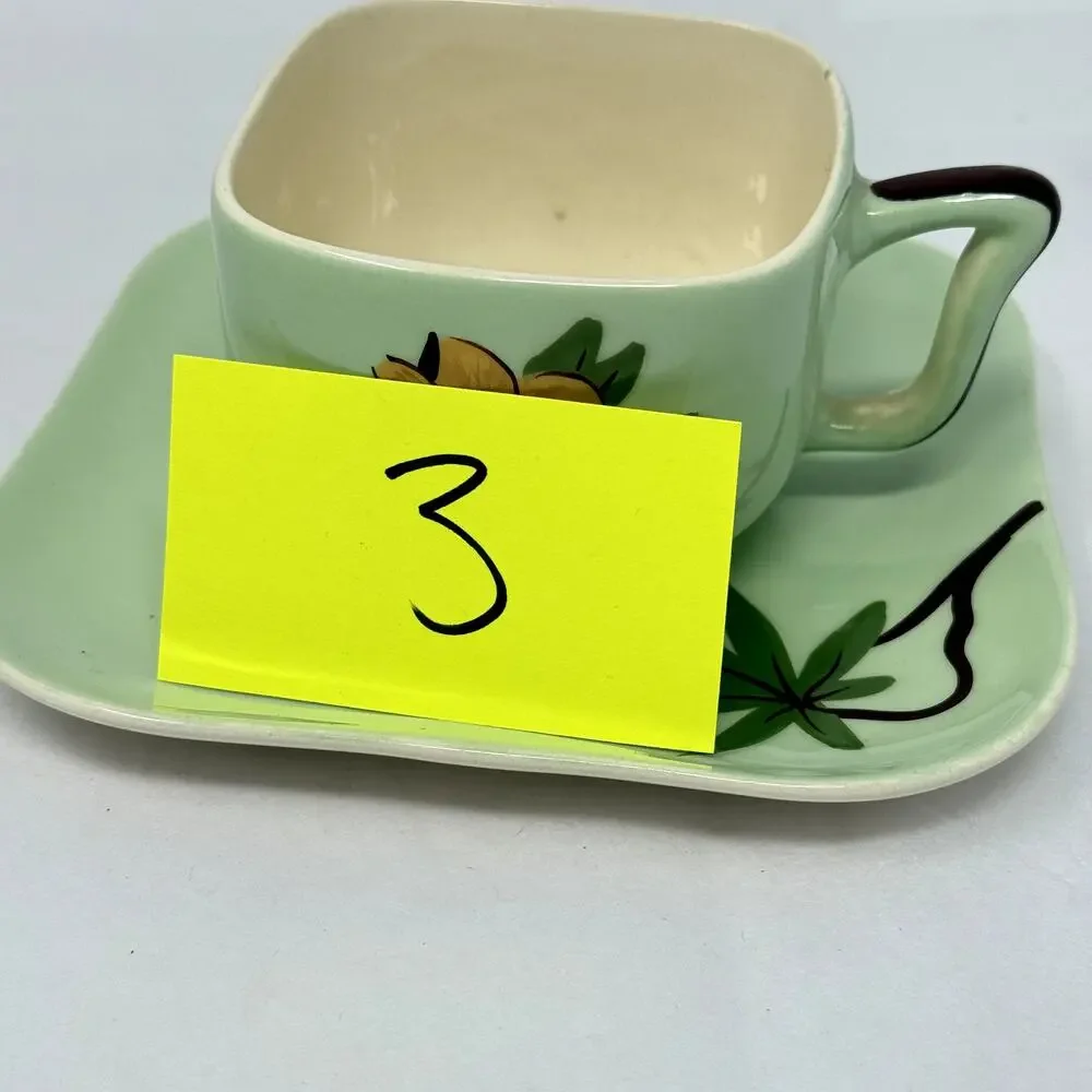 Weil Ware California Pottery Cup & Plate Set Hand Decorated Bamboo Lotus Vintage